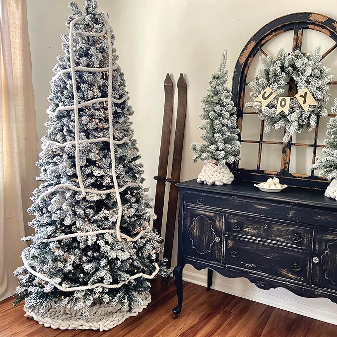 Fraser Hill Farm 7.5-Ft. Alaskan Pine Flocked Artificial Christmas Tree with Warm White LED Lights and Stand, Prelit Foldable Fake Tree with Realistic Snowy Foliage for Home Decoration