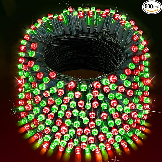 XURISEN Christmas Lights Outdoor 197FT 500 LED Green Wire String Lights 8 Modes with Timer Memory Waterproof Fairy Light Plug in for Xmas Tree Wedding Yard Party Holiday Decorations(Red+Green)