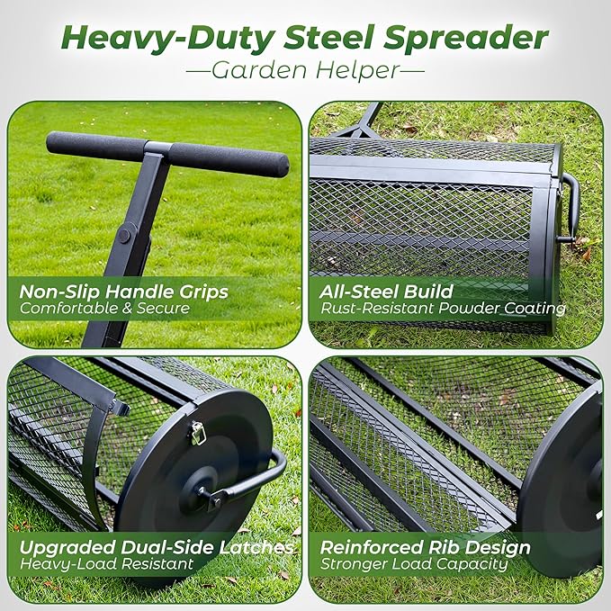 Walensee 44 Inch Compost Spreader Peat Moss Spreader with Side-Latch Design, Upgraded Large-Capacity Metal Mesh Roller for Lawn and Garden Care, Durable Manure Spreader for Seeding and Fertilizing