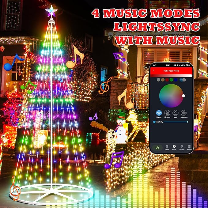7.5FT Smart Christmas Cone Tree,LED Outdoor Christmas Tree with Music Sync, Remote & APP Control, Million Colors DIY Artificial Cone Trees Christmas Decor for Indoor Outdoor
