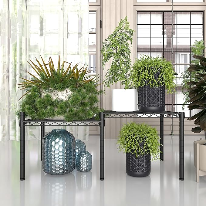 Xiofio 2 Pack Metal Plant Stand for Indoor and Outdoor Plant Shelf, Multi-Functional Adjustable Shelf Plant Stands Flower Stands With hanger rod for Living Room Balcony and Garden,Black