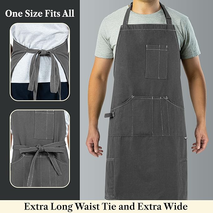 opux Chef Apron for Men, Kitchen Apron with Pockets for Women, Large Unisex Canvas Apron for Cooking Grilling BBQ Baking.