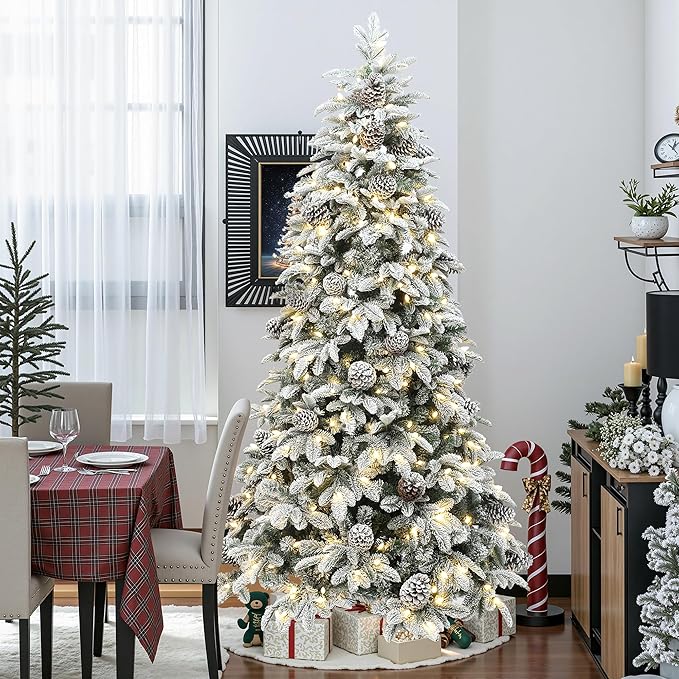 LuxenHome 7FT Christmas Tree with Lights, Flocked Artificial Christmas Tree with 8 Lighting Functions, 330 LED Lights, Pine Cone, Prelit Xmas Trees for Indoor and Outdoor Holiday Decor