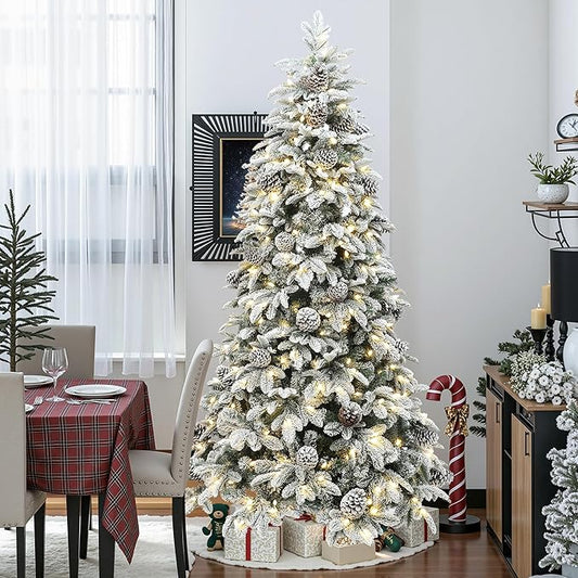 LuxenHome 7FT Christmas Tree with Lights, Flocked Artificial Christmas Tree with 8 Lighting Functions, 330 LED Lights, Pine Cone, Prelit Xmas Trees for Indoor and Outdoor Holiday Decor