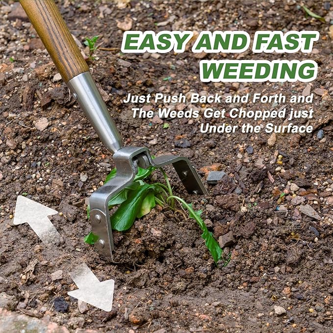 Haliaeetus Hula Hoe, 58'' Stainless Steel Stirrup Hoe, Action Hoe for Weeding in Push-Pull Motion, Scuffle Hoe with Comfortable Wood Long Handle for Standing to Weed on Flower Bed and Between Plants