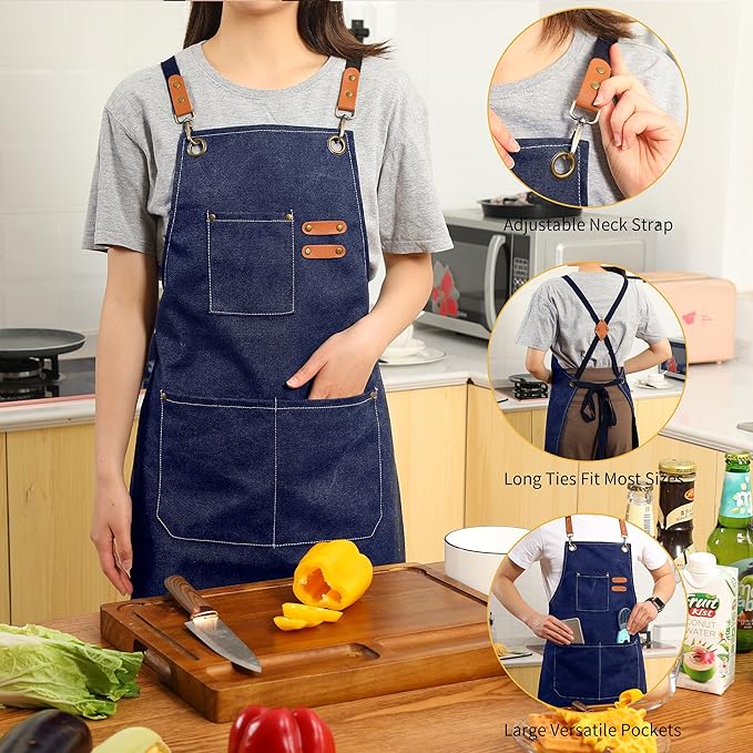 Tosewever Canvas Cross Back Chef Cotton Aprons for Men Women with Large Pockets