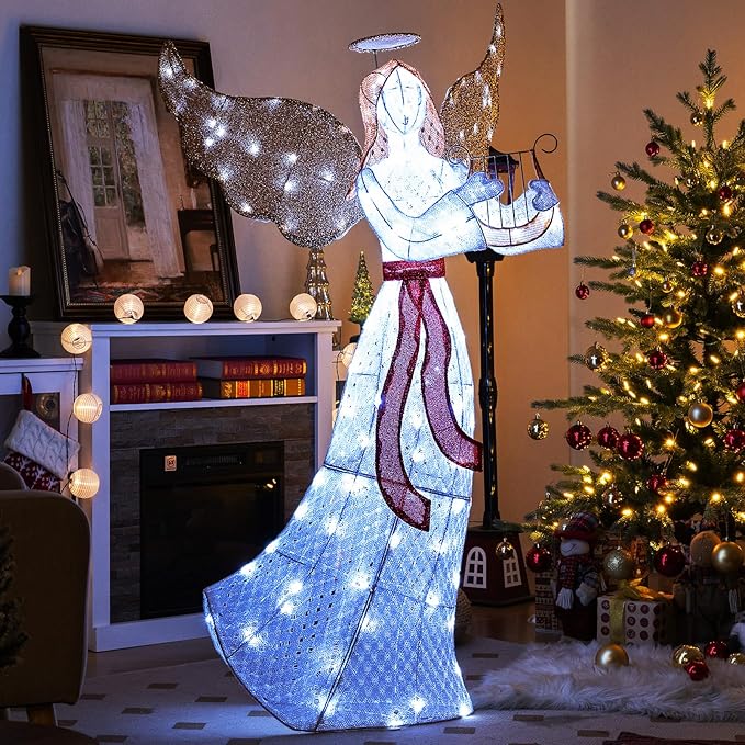 Tangkula 5 FT Outdoor Christmas Lighted Angel, Xmas Yard Pre-Lit Angel with Harp, Halo & 120 Cold White LED Lights, Ground Stakes & Zip Ties Included, Winged Holiday Figure for Indoor & Outdoor