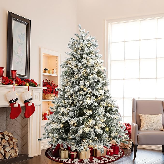 LuxenHome 6.5FT Christmas Tree with Lights, Flocked Artificial Christmas Tree with 8 Lighting Functions, 1100 PVC Tips, 480 Warm White Lights, Prelit Xmas Trees for Indoor and Outdoor Holiday Decor
