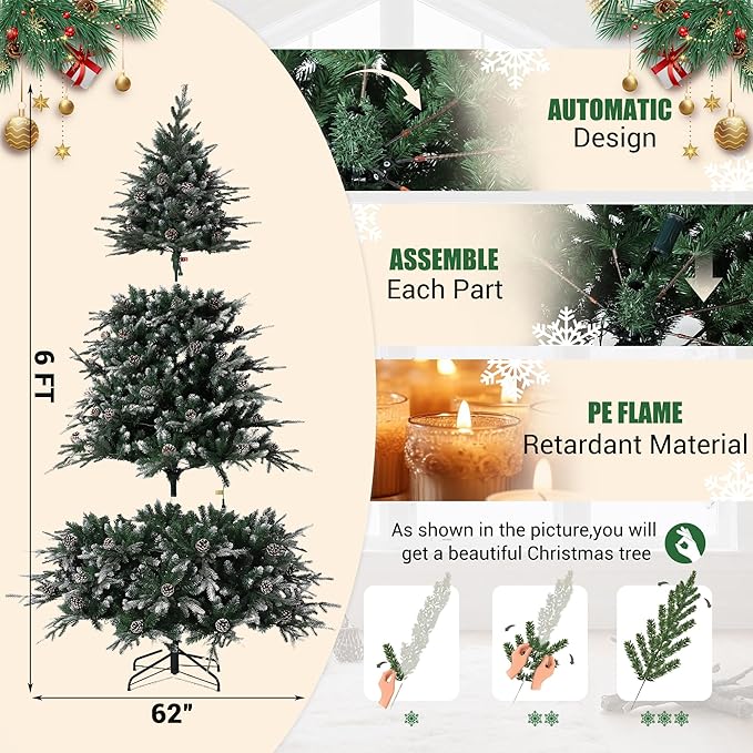 6 FT Snow Flocked Christmas Tree with 300 Warm Lights-8 Modes, Prelit Christmas Trees with Pine Cone & Gloves, Metal Folding Stand, Full Artificial Xmars Tree for Home Decor, Norway Spruce, Green