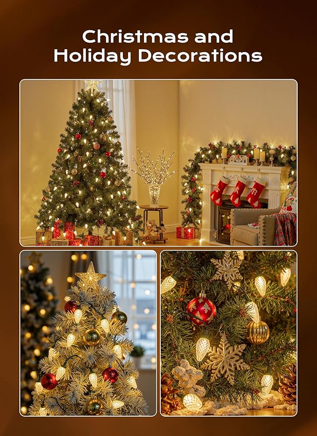 C9 Christmas Lights Outdoor, 33 FT 50 LED Connectable C9 String Lights with 8 Modes and Timer Extendable Xmas Tree Patio Roofline Garden Yard Holiday Party Indoor Outdoor Decoration, Warm White