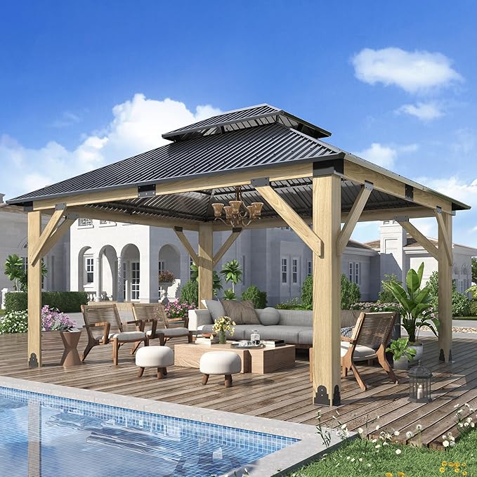 GARTOO 13’x15’ Outdoor Wooden Gazebo - Patio Galvanized Steel Wood Gazebo with Double Vented Roof, Heavy-Duty Gazebos for Garden, Lawn, Backyard Deck, Poolside