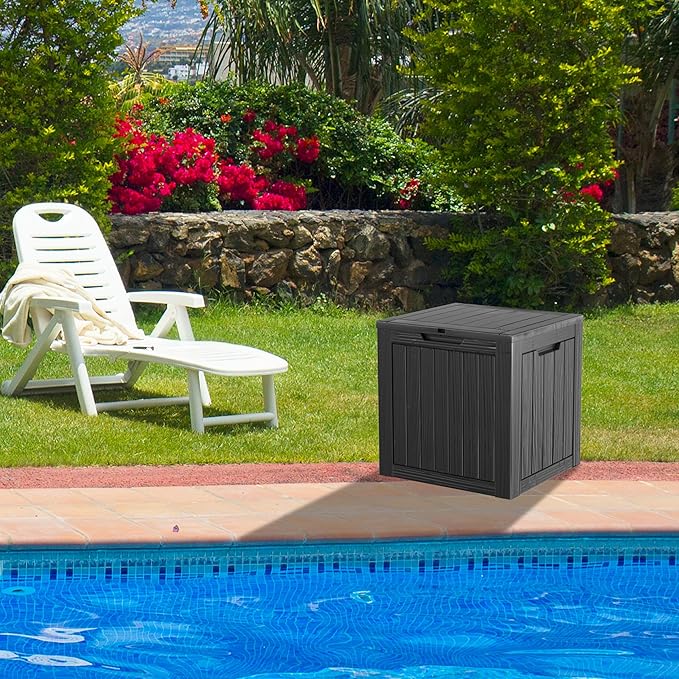 35 Gallon Resin Deck Box, Waterproof Outdoor Storage Bin for Patio, Poolside, and Garden, Lockable & UV-Resistant, Ideal for Small Spaces, Black