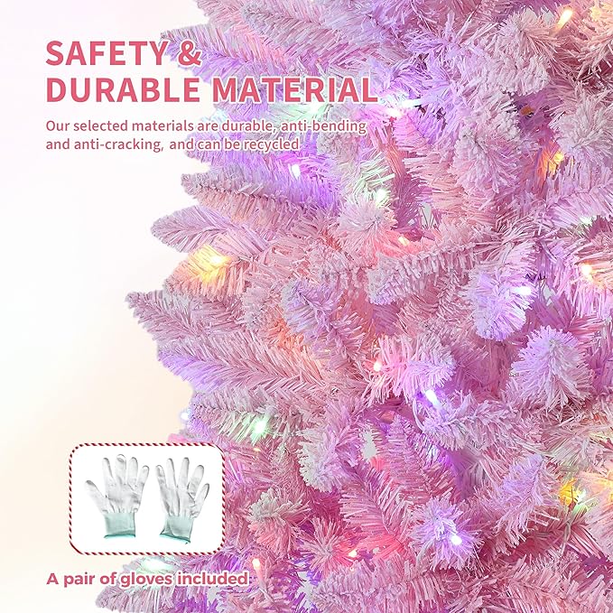 GarveeHome 7.5ft Prelit Artificial Christmas Tree with RGB & Warm White Lights, Pre-Lit Snow Flocked Pencil Christmas Tree, Foldable Base,Holiday Decoration for Home, Office, Party,Pink Gradient