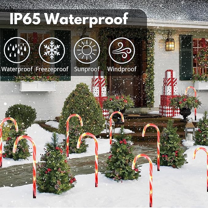 KAQ 24 Pack Upgraded Solar Candy Cane Lights, Waterproof Outdoor Pathway Stake Christmas Lights with 8 Modes, Solar for Outside Yard Walkway Garden Christmas Decorations