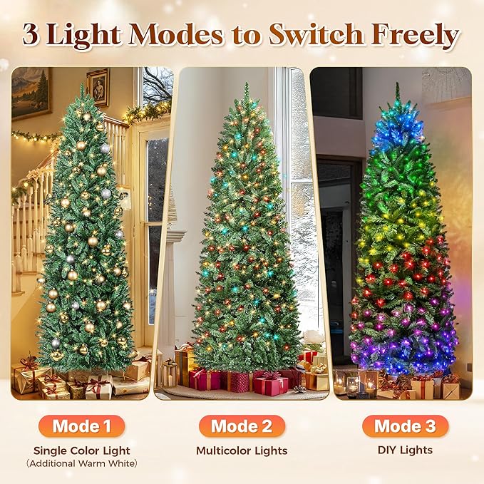 HOLLO STAR 7.5 ft Prelit Christmas Tree with 351 LED Lights, App Control, Artificial Pencil Christmas Tree with Multi-Color RGBW Lights, 1053 Branch Tips, Skinny, Metal Base, for Home, Party