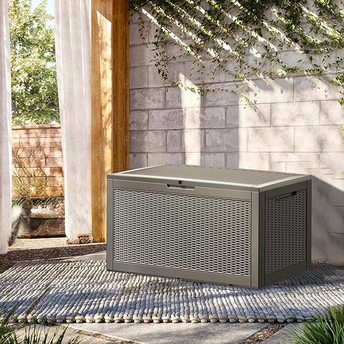 100 Gallon Resin Deck Box, Waterproof Outdoor Storage Bin for Patio Furniture, Pool Accessories, and Garden Tools, Lockable & UV-Resistant, Grey