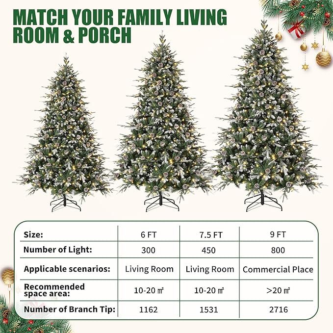 6 FT Snow Flocked Christmas Tree with 300 Warm Lights-8 Modes, Prelit Christmas Trees with Pine Cone & Gloves, Metal Folding Stand, Full Artificial Xmars Tree for Home Decor, Norway Spruce, Green