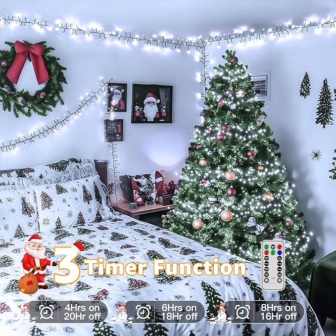 500 LED 25 FT Cluster Lights, White Christmas Tree Lights 8 Modes Timer Remote, Waterproof String Lights for Indoor Outside Garland Xmas Decorations
