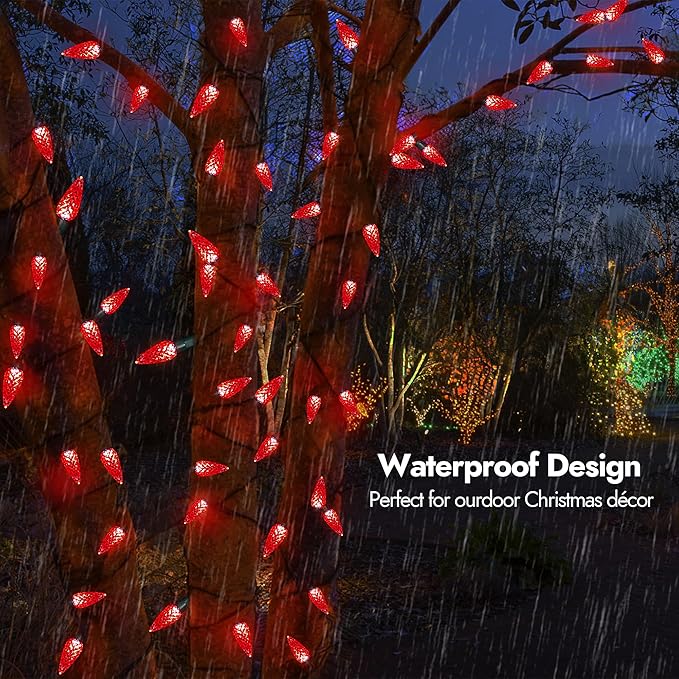 WBao C6 100 LED 33ft Battery Operated Christmas String Lights with 8 Modes, Timer, Waterproof Design for Indoor Outdoor Christmas Trees, Fence, Stairs Xmas Decorations, Red