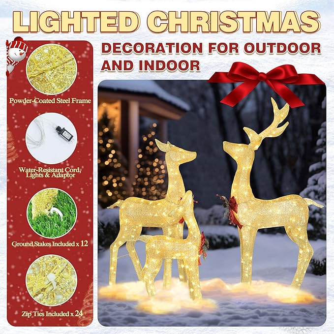 MUPATER Outdoor Christmas Decoration Lighted Deer Family Set Indoor, Christmas Holiday Yard Decor 3-Piece Set for Lawn and Home Party with Lights, Ground Stakes and Zip Ties, Gold