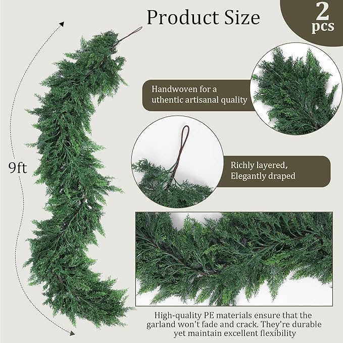 Hananona 2 Pcs 9 FT Artificial Cedar Garlands, Real Touch Winter Cedar Garland, Green Artificial Greenery Pine Garland for Table, Mantle, Wall, Indoor, Outdoor Christmas Decorations (2, 9 FT)