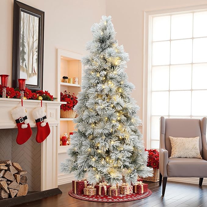 LuxenHome 6.5FT Christmas Tree with Lights, Flocked Pine Tree with 350 LED Lights, Full Downswept Christmas Trees with Lights and Metal Stand for Living Room, Entryway Holiday Decor