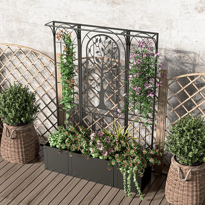 Metal Planter Box with Trellis, Raised Garden Bed with Trellis Privacy Screen, 62 inch Tall Planter Boxes for Climbing Plants, Flowers, Vegetables, Fruits, Balcony and Patio Decor (Black)
