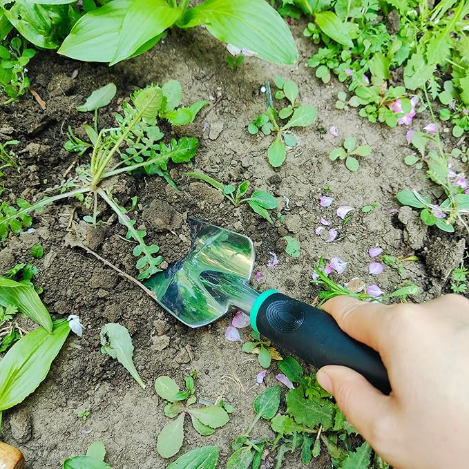 Gardening Tool Set Including Hand Trowel, Transplant Trowel, Cultivator Hand Rake, Pruning Shears and Weeder, Non-Slip Rubber Grip (5 pcs Green)