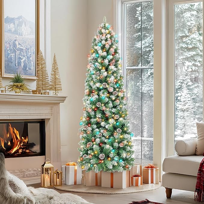 HOLLO STAR 6 ft Prelit Christmas Tree with 233 LED Lights, App Control, Slim Pencil Christmas Tree, Multi-Color RGBW Lights, 588 Flocked Frosted Tips, Xmas Tree, 51 Pine Cones, for Home, Party