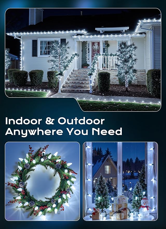 C9 LED Christmas Lights Outdoor, 33 FT 50 LED C9 String Lights, 8 Modes & Timer Connectable Waterproof for Christmas Tree Light Indoor Outdoor Roofline Patio Outside Garden Yard Xmas Decoration, White