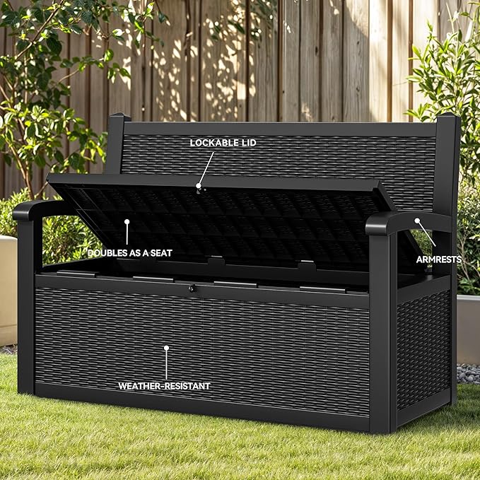 YITAHOME 70 Gallon Deck Bench with Storage, Outdoor Storage Box Bench with Armrests for Patio Garden Pool Porch, Waterproof&Lockable, Black