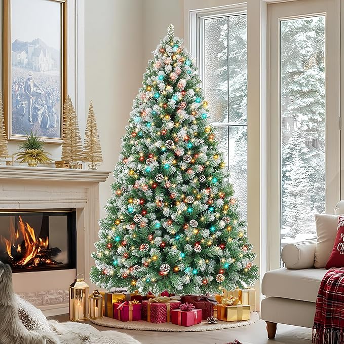 HOLLO STAR 6 ft Prelit Christmas Tree with 250 LED Lights, App Control, Artificial Christmas Tree, Multi-Color RGBW Lights, 914 Flocked Frosted Tips, 58 Pine Cones, Metal Base, for Home, Party