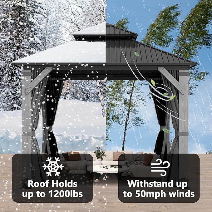10'x10' Hardtop Wood Gazebo, Outdoor Double Roof Galvanized Steel Top Gazebo with Wooden Post, Curtains & Netting for Backyard, Patio, Deck (10x10 FT)