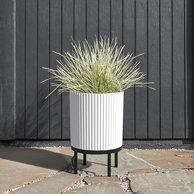 Veradek Demi Series Round Planter w/ Stand for Porch/Patio | Durable Plastic-Concrete & Wooden Stand | Modern Décor for Tall Plants, Flowers