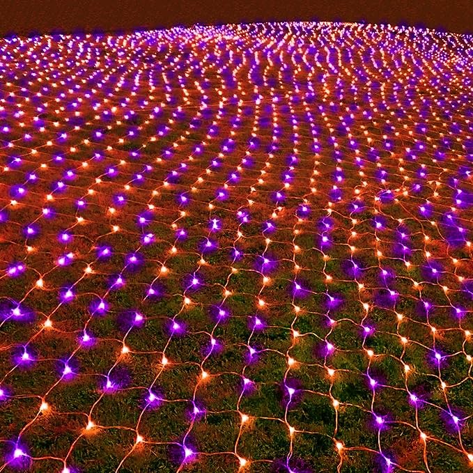 Dazzle Bright Halloween 200 LED Net Lights, 9.8 FT x 6.6 FT Connectable Mesh Lights Clear Wire with 8 Lighting Modes, Halloween Decorations for Indoor Outdoor Bush Yard Garden Decor (Purple & Orange)