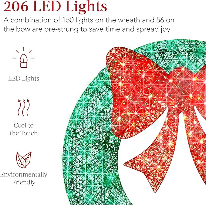 Best Choice Products 60in Pre-Lit Outdoor Christmas Wreath Decoration, LED Metal Holiday Decor for Home Exterior, Garden w/ 206 Lights, Bow - Green/Red