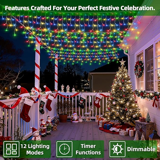 670 LED Christmas Lights with 148 Drops, 66ft 12 Modes Hanging ice String Lights with Timer & Dimmable & Waterproof, Plug-in Fairy Lights for Halloween Holiday Wedding Party Christmas Decor Multicolor