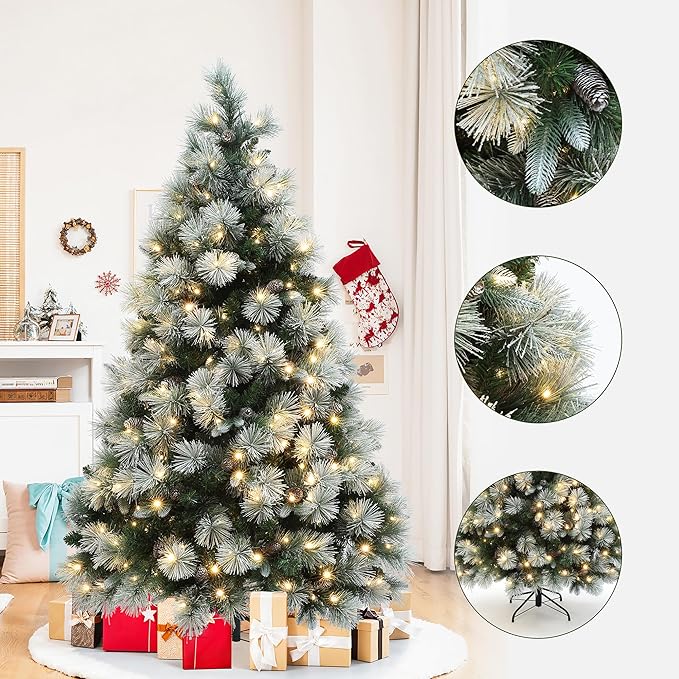 LuxenHome 6FT Christmas Tree with Lights, Full Flocked Artificial Christmas Tree with 350 LED Lights and Pinecone, and Snow Flocked Branches, Prelit Pine Tree for Indoor, Outdoor Holiday Décor