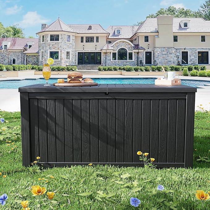 200 Gallon Black Resin Deck Box - Lockable, Waterproof & UV-Resistant Outdoor Storage for Patio Furniture, Garden Tools, Pool Floats - Heavy-Duty Utility Container for Decks