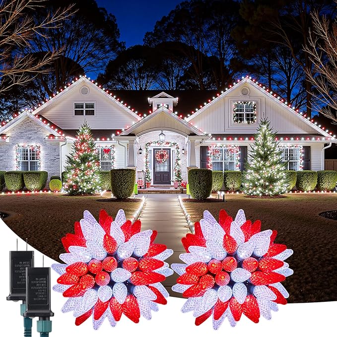 C9 Outdoor Christmas Lights, 72 FT 110 LED C9 String Lights, 8 Modes & Timer Extendable Waterproof for Christmas Tree Indoor Outdoor Roofline Patio Outside Garden Backyard Xmas Decor, Red White 2 Pack
