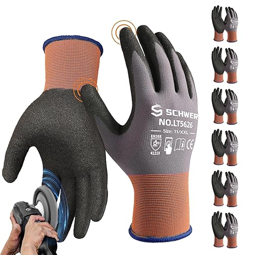 Schwer 6 Pairs Safety Work Gloves with Sandy Nitrile Coating LT5626, Max Abrasion Resistance Heavy Duty Gloves with Grip for Men Women, Ideal for General Use, Mechanic, Construction, Gardening, 2XL