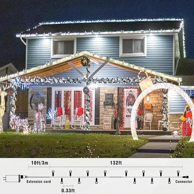 Christmas Lights Indoor, 132FT 400 LED Outdoor String Lights with 8 Modes Waterproof, Plug in Fairy Twinkle Lights Clear Wire for House Bedroom Patio Window Garden Wedding Decorations