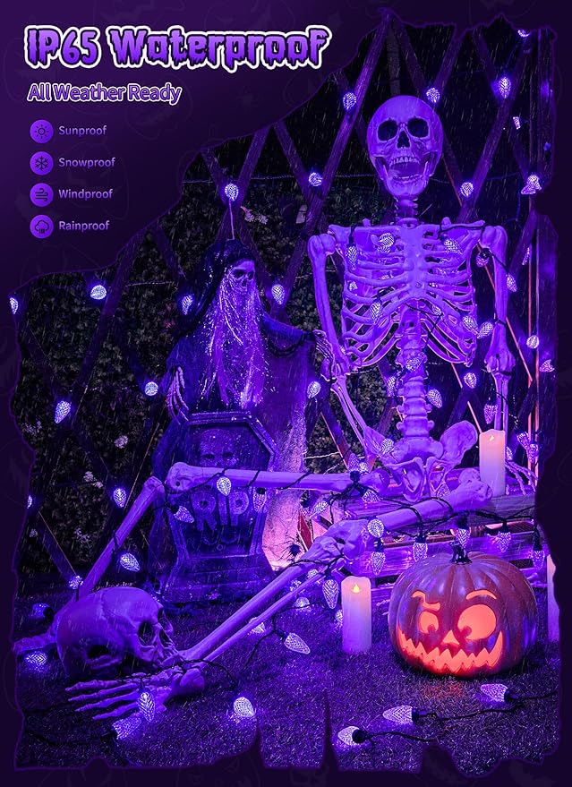 Brightown Halloween C9 LED Purple String Lights, 114FT 150 LED Halloween Lights with Timer & 8 Modes, Plug-in Waterproof Connectable Outdoor Lighting for House Patio Yard Porch Roof