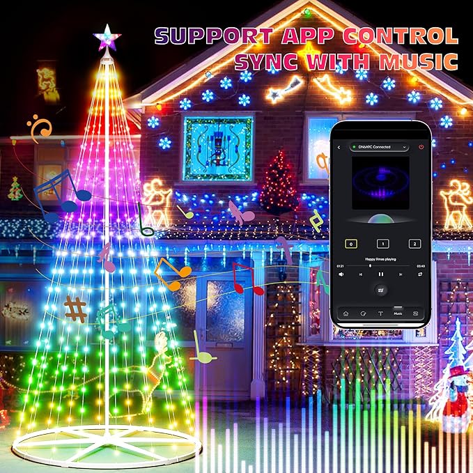 7.5FT Smart Cone Christmas Tree, Multicolor Prelit Outdoor Christmas Tree Lights with Star, Music Sync, App & Remote Control, LED Light Show Tree for Indoor Outdoor Decorations