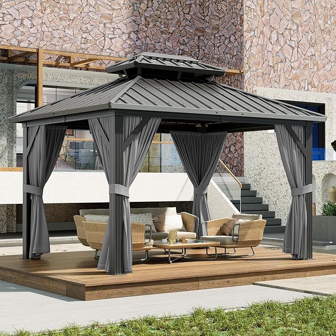 10X12 FT Outdoor Galvanised Steel Hardtop Gazebo, Heavy Duty Double Roof Outdoor Gazebo with Netting and Sunshade Curtains, Aluminium Framed Gazebo for Patio, Terrace, Lawn and Deck, Grey