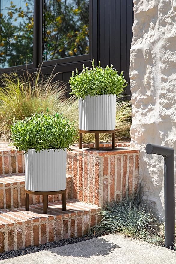 Veradek Demi Series Round Planter w/Stand for Porch/Patio | Durable Plastic-Stone Composite & Wooden Stand | Modern Décor for Tall Plants, Flowers