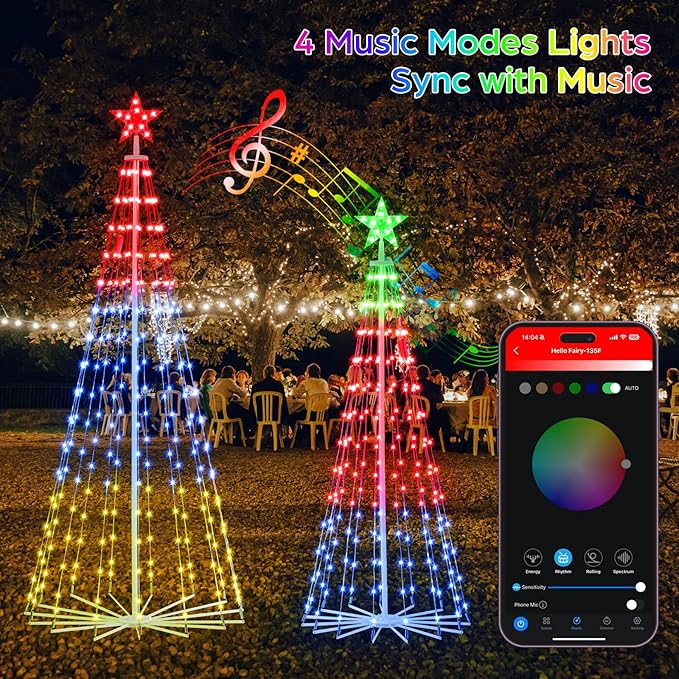 Smart Christmas Tree Lights with App & Remote Control, RGB Color Changing LED Cone Tree Lights, Music Sync, Custom Light Show, Waterproof Outdoor Decoration for Xmas, New Year, Parties (Set 2：5FT+6FT)