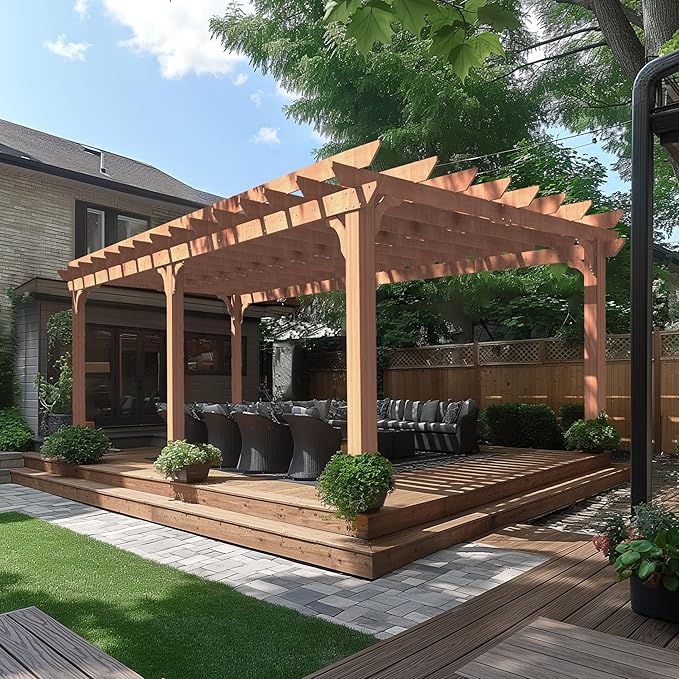 BlueWish 12’x20’ Outdoor Pergola with 5.5” Thick Wind Support Structure, Cedar Wood Patio Pergolas, Pergola Kits Backyard Gazebo with Stakes for Deck Grill Party Garden