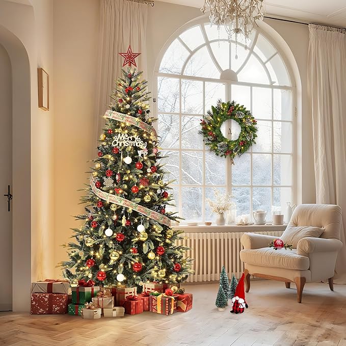 7.5 FT Pre-Lit Pencil Christmas Tree – 300 Warm White Lights, Auto-Hinged Expansion, Foldable Metal Stand, PE & PVC Construction – for Porch, Party, Office, and Home Decor