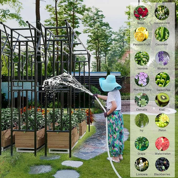 Flat Top Garden Arch Arbor Trellis, 11.81FT x 9.02FT Metal Pergola for Climbing Plants, Galvanized Steel Pipe with Plastic Coating, Decorations Pergola for Garden, Backyard, Lawn(Black)